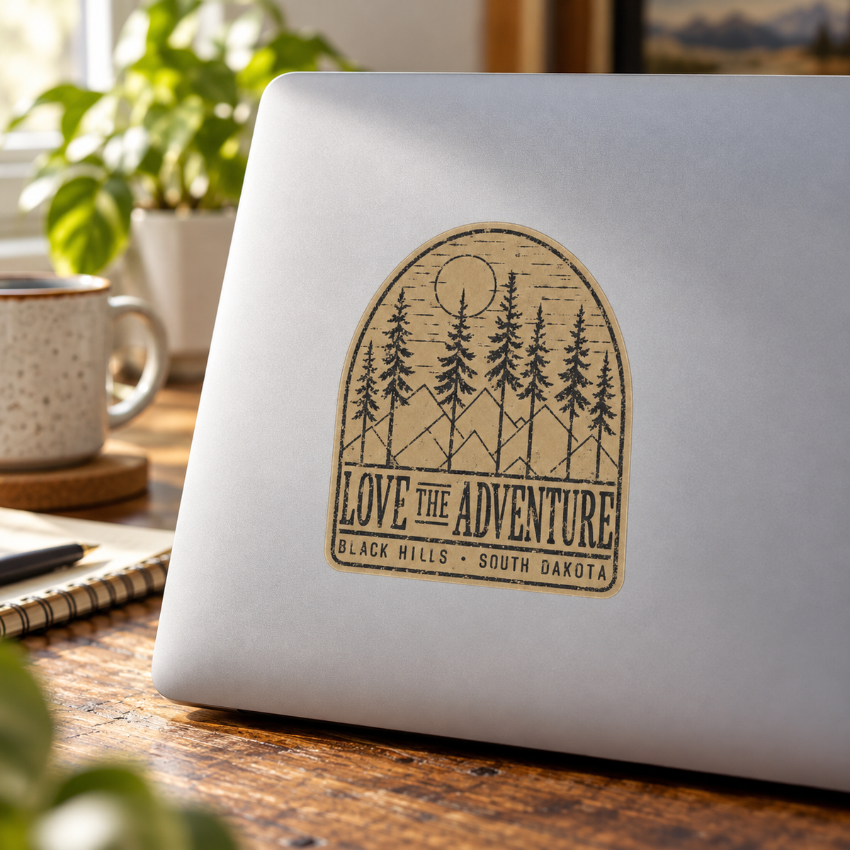 Black Hills Love the Adventure Forest Sticker on a laptop — lifestyle mockup