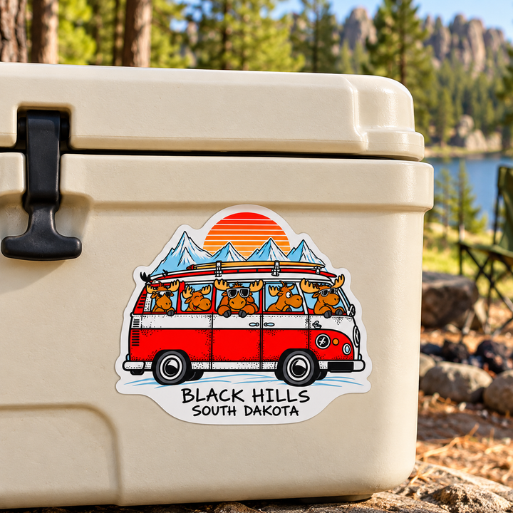Black Hills Moose Camper Van Adventure Sticker on a cooler — lifestyle display mockup; accessories not included