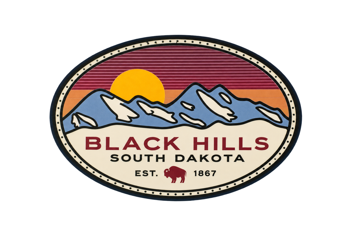 Black Hills Mountain Sunset Oval Sticker — isolated product view