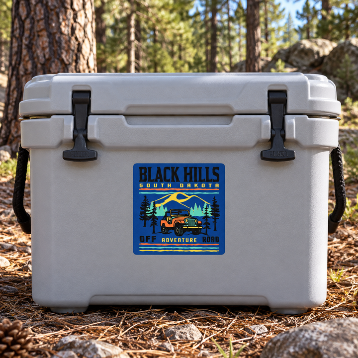 Black Hills Off-Road Adventure Sticker on a cooler — lifestyle display mockup; accessories not included