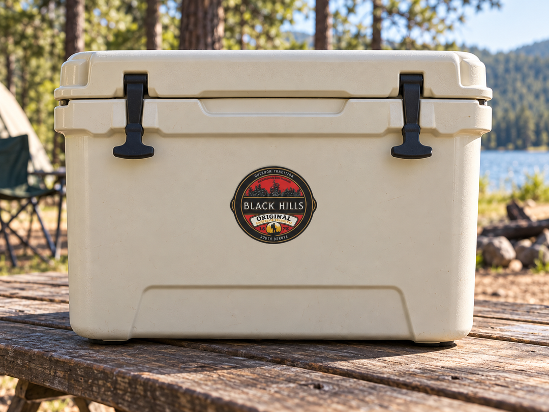 Black Hills Original Outdoor Tradition Badge Sticker on a camping cooler at realistic scale