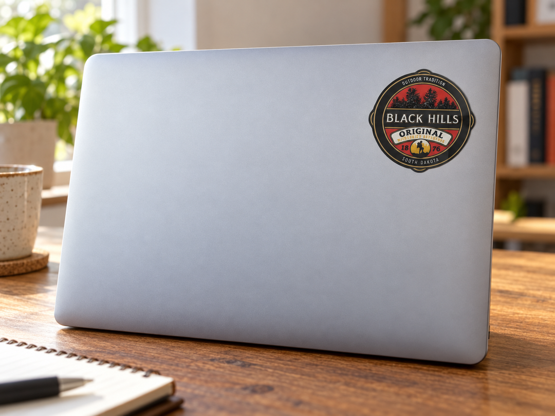 Black Hills Original Outdoor Tradition Badge Sticker on a laptop cover at realistic scale