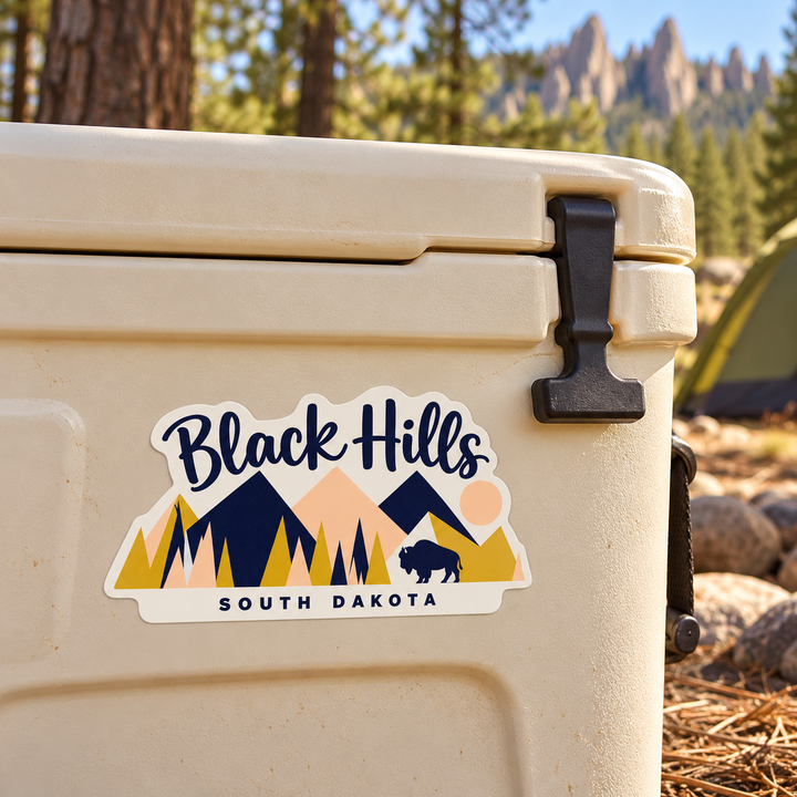 Black Hills Pastel Geometric Mountains &amp; Bison Sticker on a cooler — lifestyle display mockup; accessories not included