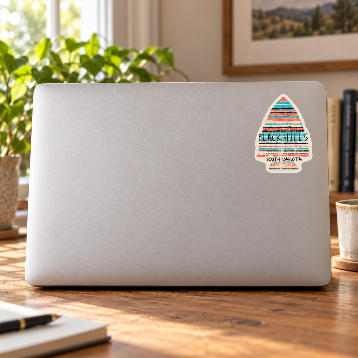 Black Hills Pastel Stripe Arrowhead Sticker on a laptop cover — realistic scale lifestyle display; accessories not included