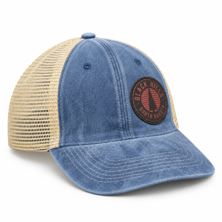 Black Hills Pine Tree Leather Patch Trucker Hat – Washed Blue &amp; Tan; right product view
