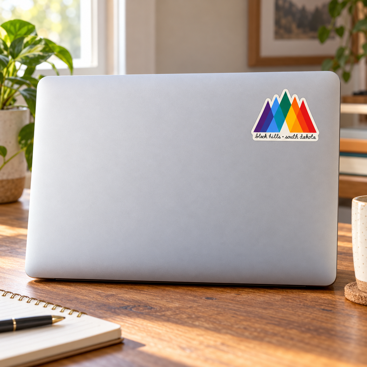 Black Hills Rainbow Geometric Mountains Sticker on a laptop cover — realistic scale lifestyle display; accessories not included