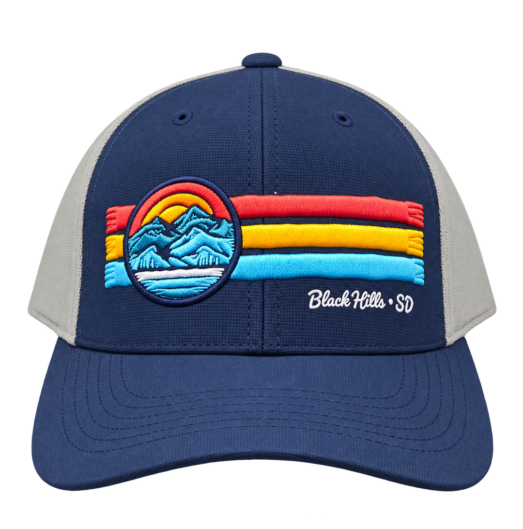 Black Hills retro mountain snapback hat in navy and gray with raised red, yellow and blue embroidered stripes