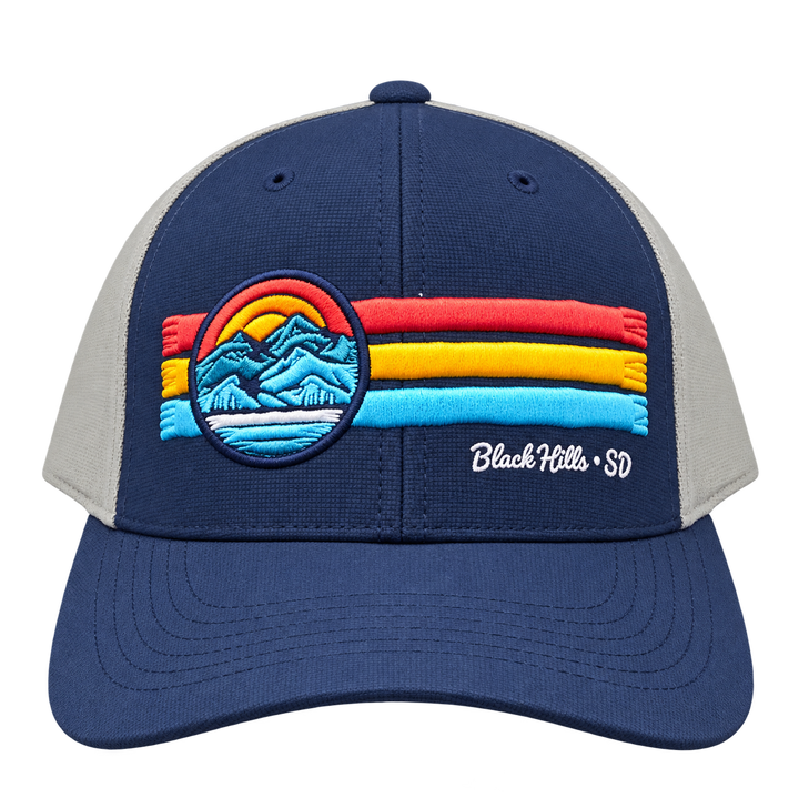 Black Hills retro mountain snapback hat in navy and gray with raised red, yellow and blue embroidered stripes