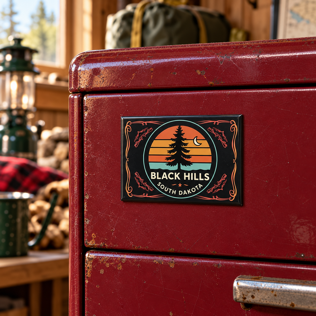 Black Hills retro pine magnet on a red metal garage cabinet
