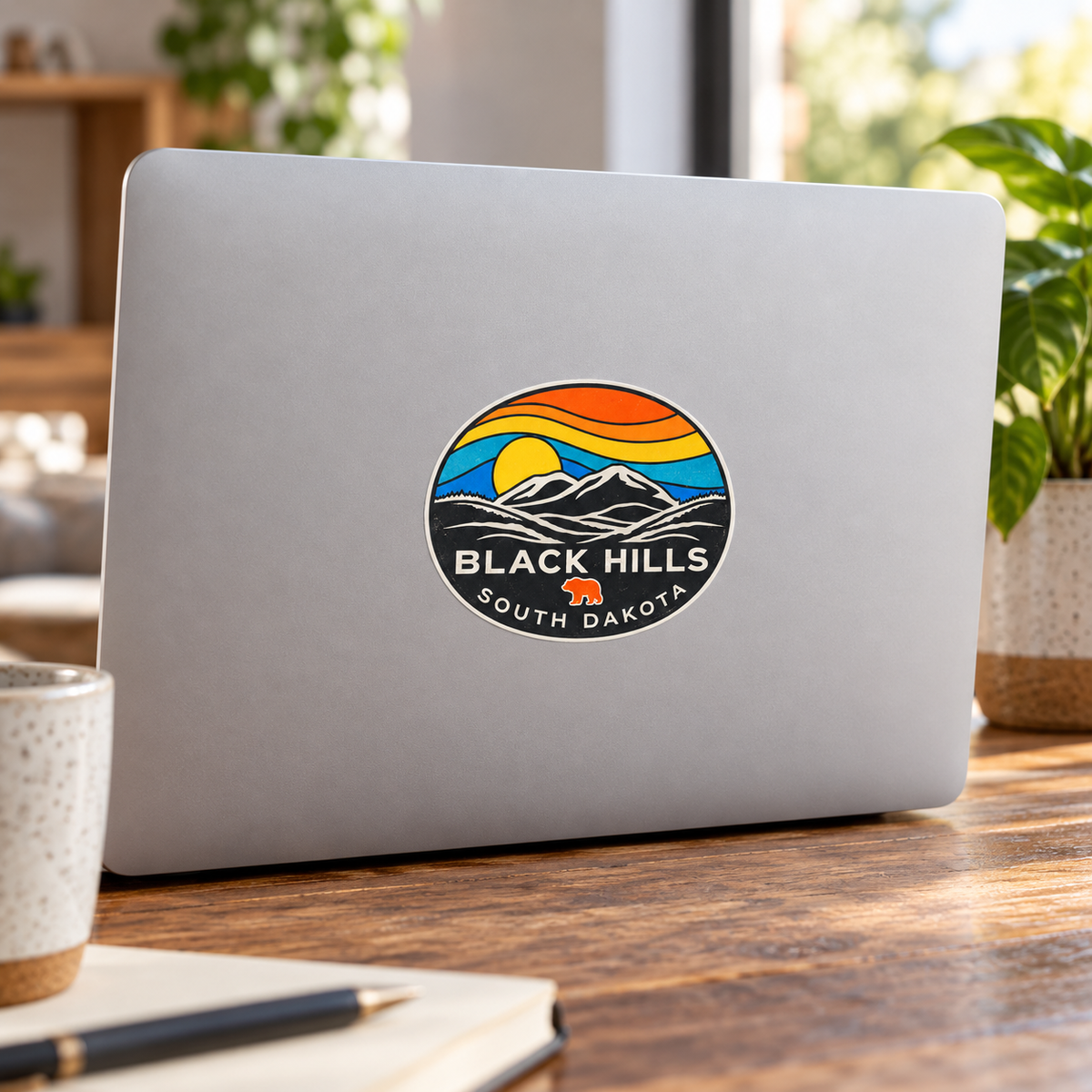 Black Hills Retro Wave Mountain Oval Sticker on a laptop — lifestyle display mockup; accessories not included