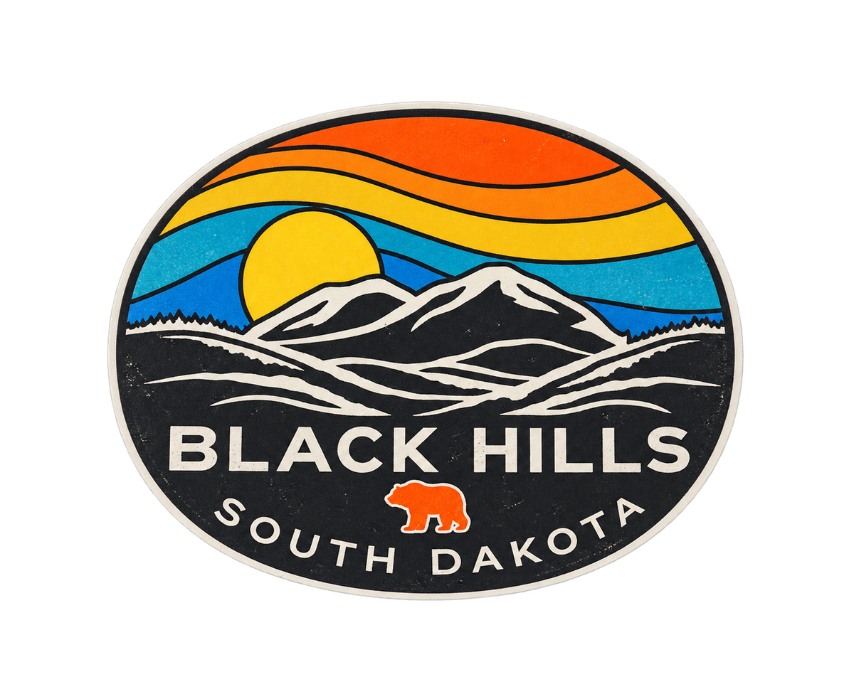 Black Hills Retro Wave Mountain Oval Sticker — isolated product view