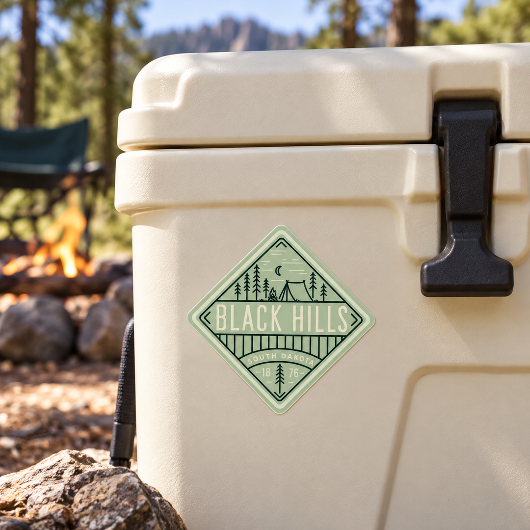 Black Hills Sage Camping Diamond Sticker on a cooler — lifestyle display mockup; accessories not included