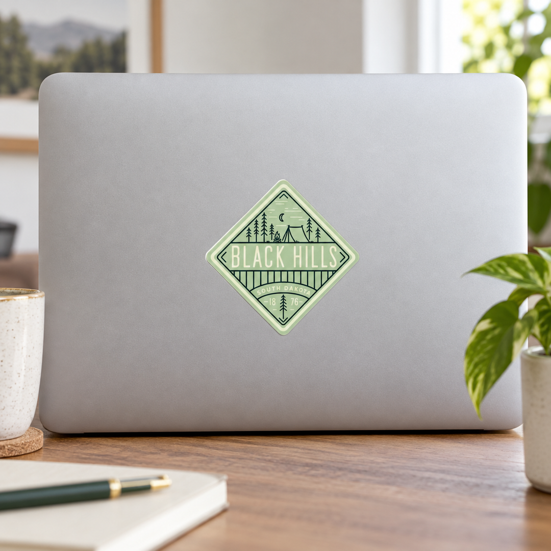 Black Hills Sage Camping Diamond Sticker on a laptop — lifestyle display mockup; accessories not included