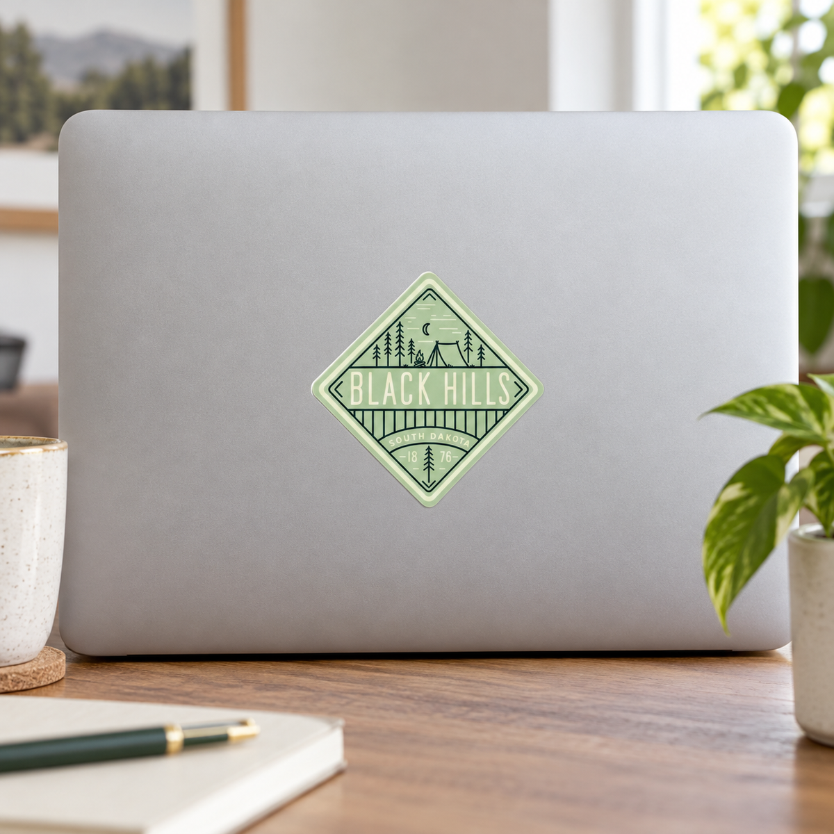 Black Hills Sage Camping Diamond Sticker on a laptop — lifestyle display mockup; accessories not included