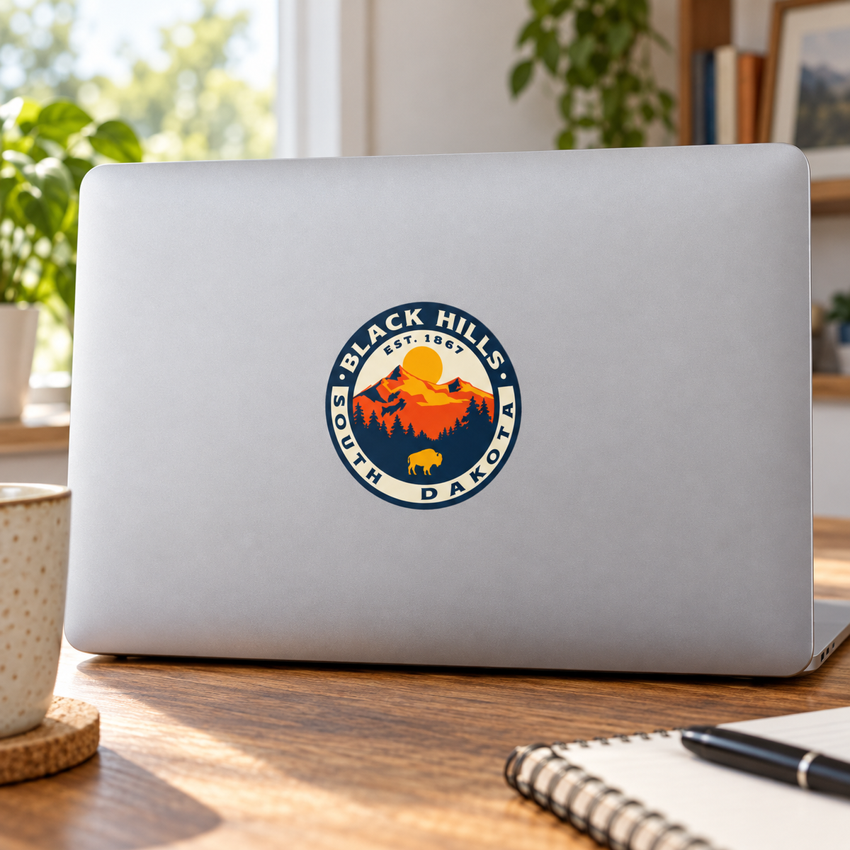 Black Hills Sunset Mountain & Bison Round Sticker on a laptop — lifestyle display mockup; accessories not included