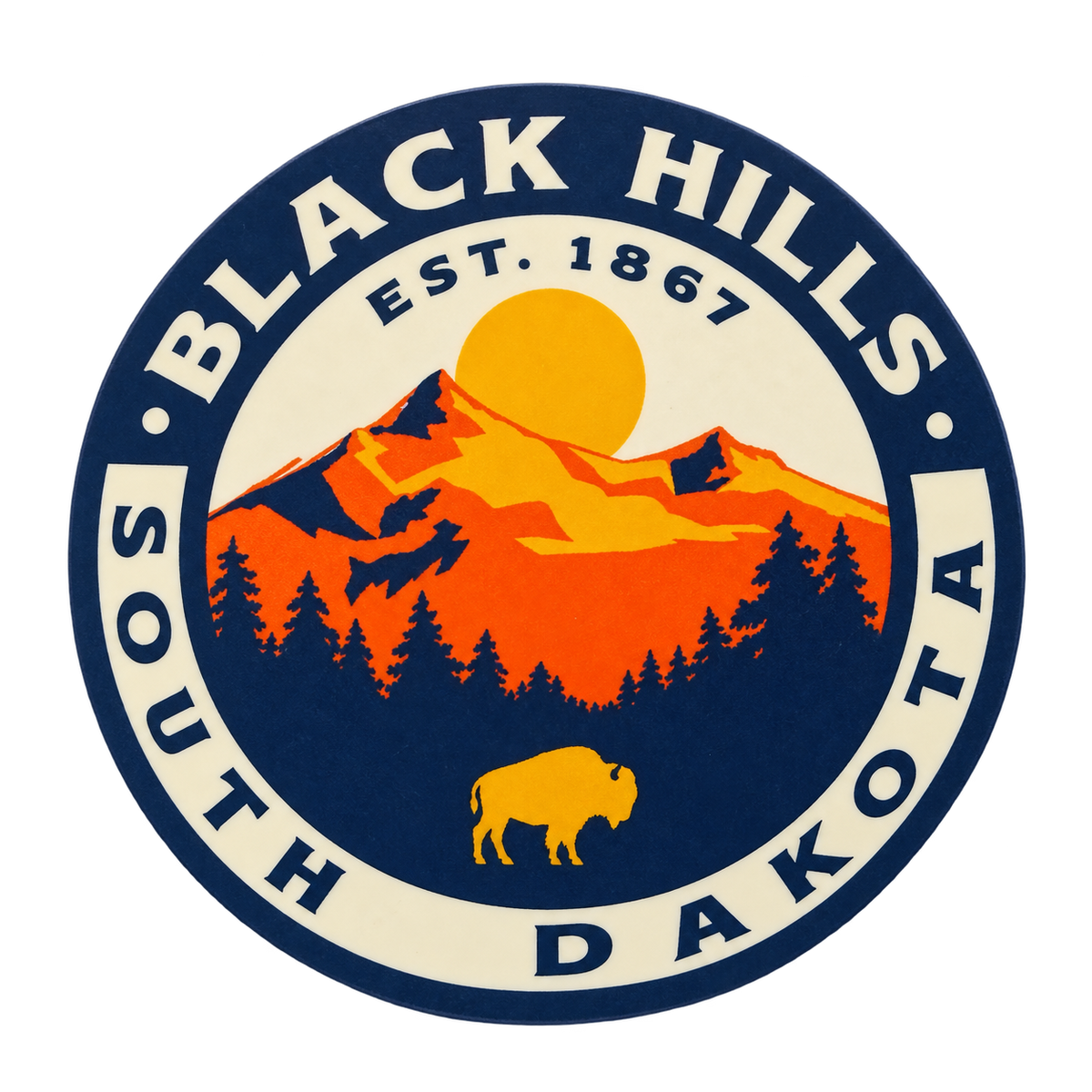 Black Hills Sunset Mountain & Bison Round Sticker — isolated product view