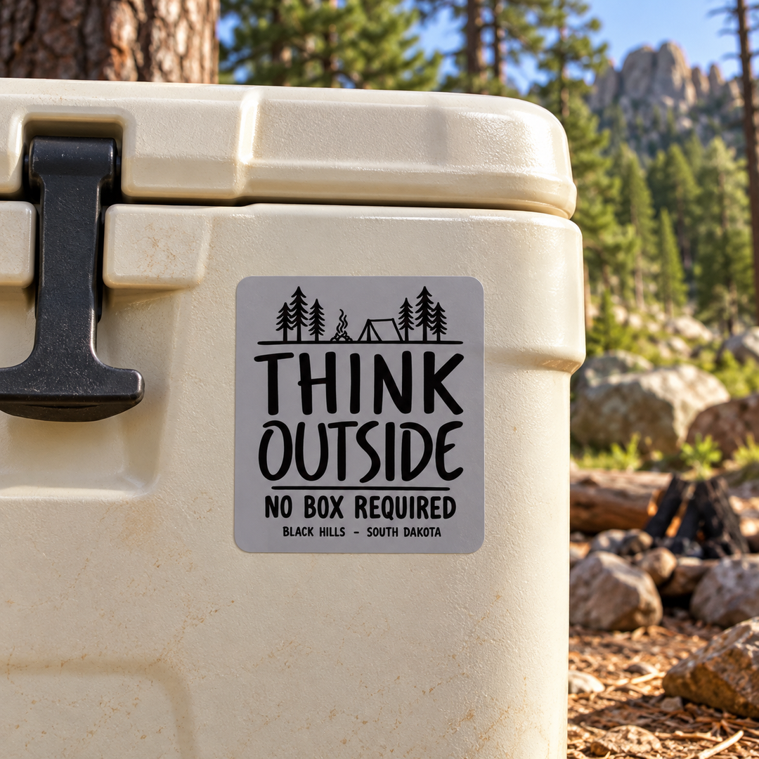 Black Hills Think Outside No Box Required Sticker on a cooler — lifestyle display mockup; accessories not included