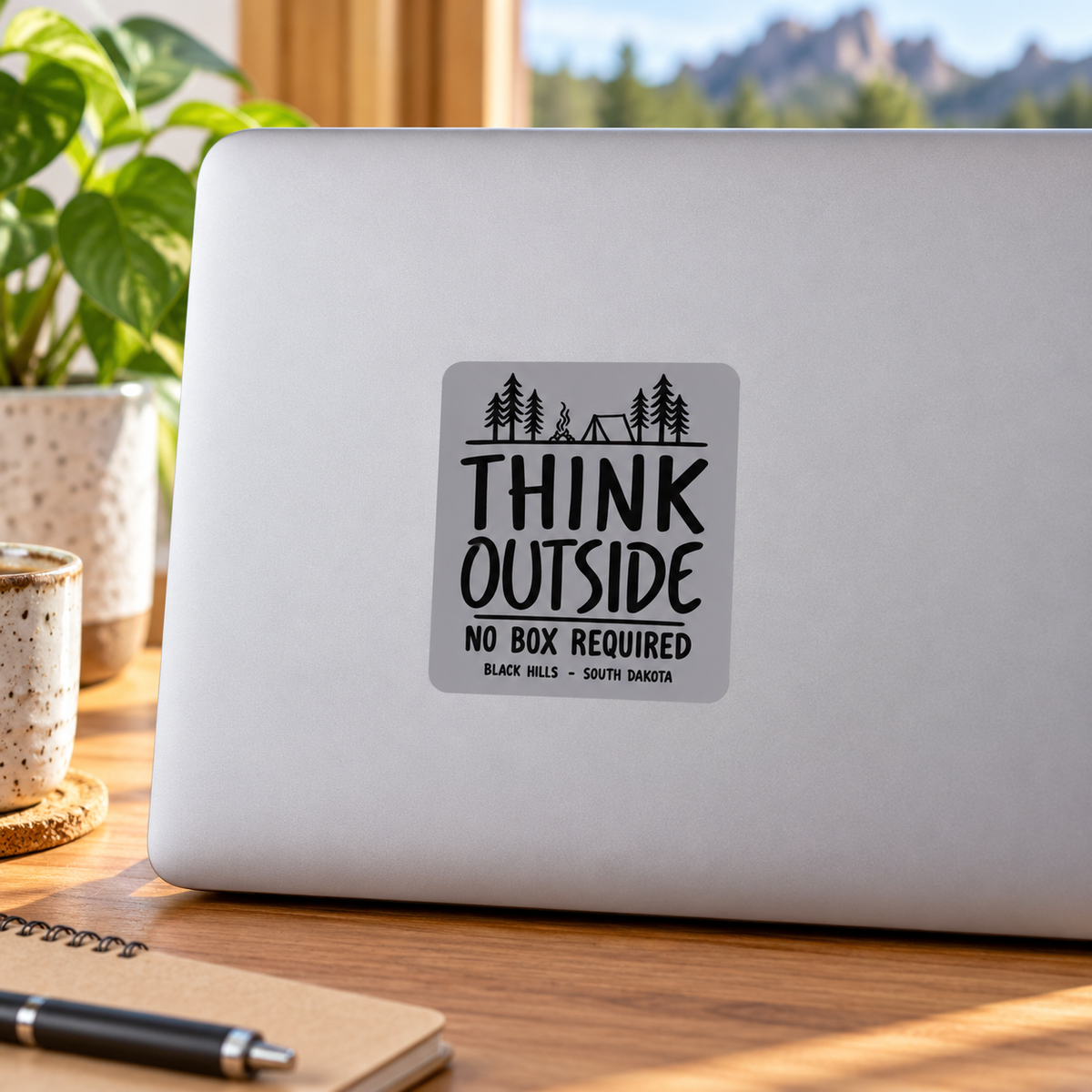 Black Hills Think Outside No Box Required Sticker on a laptop — lifestyle display mockup; accessories not included