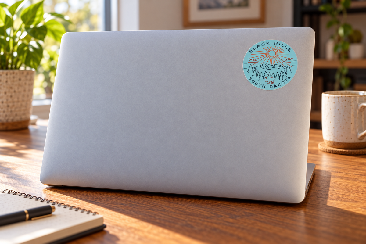 Black Hills Turquoise Sunrise Mountain & Bison Oval Sticker on a laptop cover at realistic scale