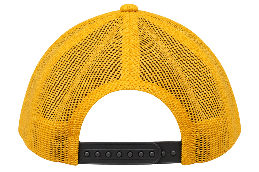 Yellow mesh back and black adjustable snapback on Black Hills buffalo hat
