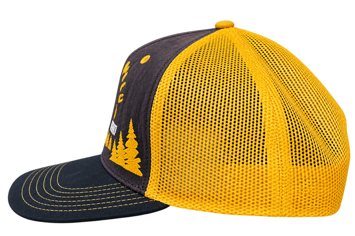 Side view of Black Hills buffalo trucker hat showing yellow mesh and black bill