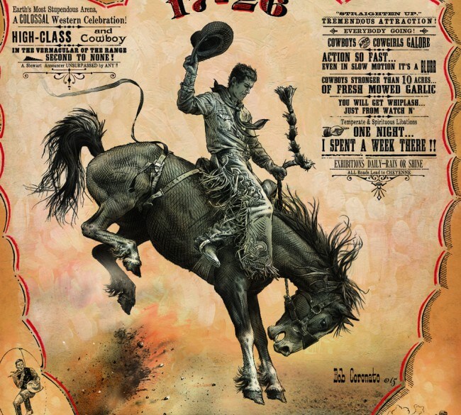 Original artwork detail: bronc rider in Bob Coronato’s 2015 Cheyenne rodeo poster