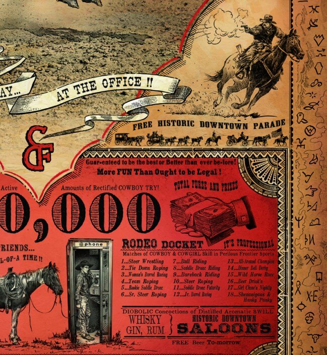 Original artwork detail: lower border and rodeo illustrations in Bob Coronato’s Cheyenne poster
