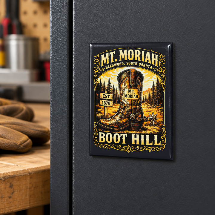 Mt. Moriah Boot Hill Magnet – Deadwood Cowboy Boot — displayed on a steel garage cabinet