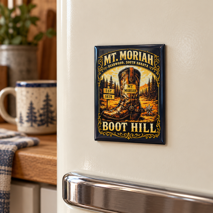 Mt. Moriah Boot Hill Magnet – Deadwood Cowboy Boot — displayed on a refrigerator