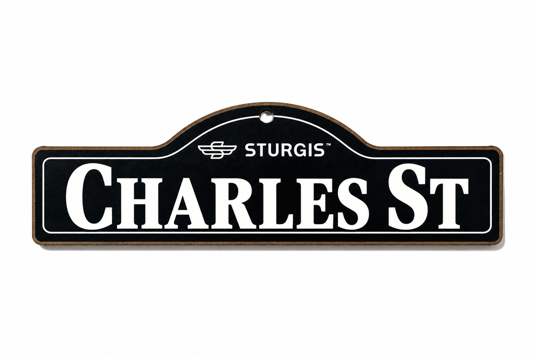 Recreated product mockup of Charles St official Sturgis wooden name sign