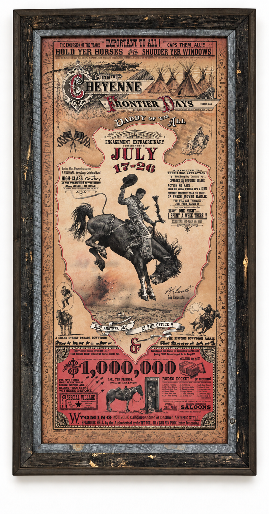 Retouched front preview of Bob Coronato’s Cheyenne Frontier Days poster in a barn wood frame; see original artwork images for fine lettering