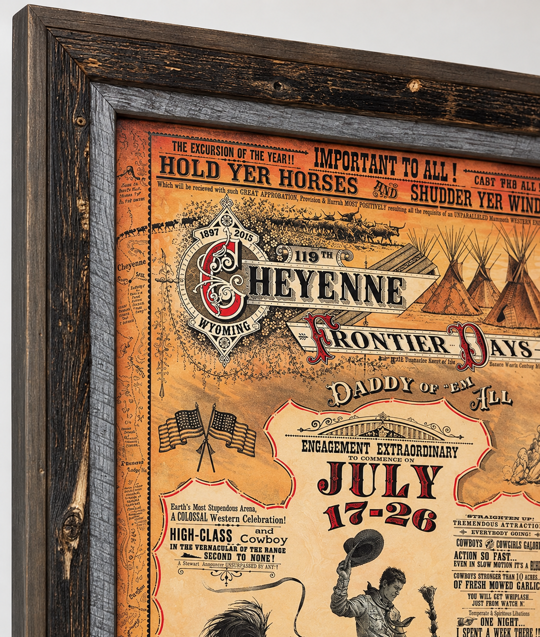 Retouched close-up of rustic barn wood frame and Cheyenne Frontier Days rodeo poster title
