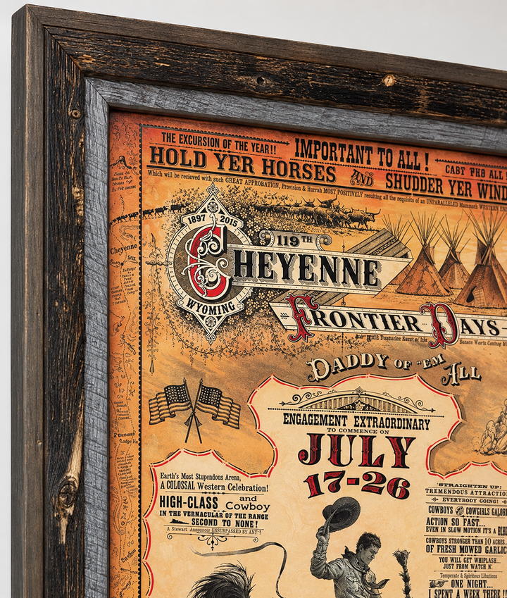Retouched close-up of rustic barn wood frame and Cheyenne Frontier Days rodeo poster title