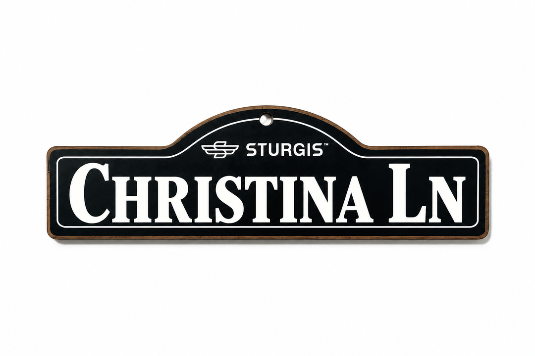 Recreated product mockup of Christina Ln official Sturgis wooden name sign