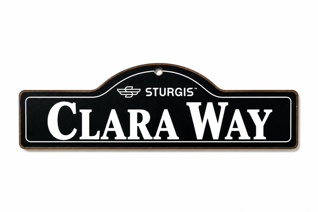 Recreated product mockup of Clara Way official Sturgis wooden name sign