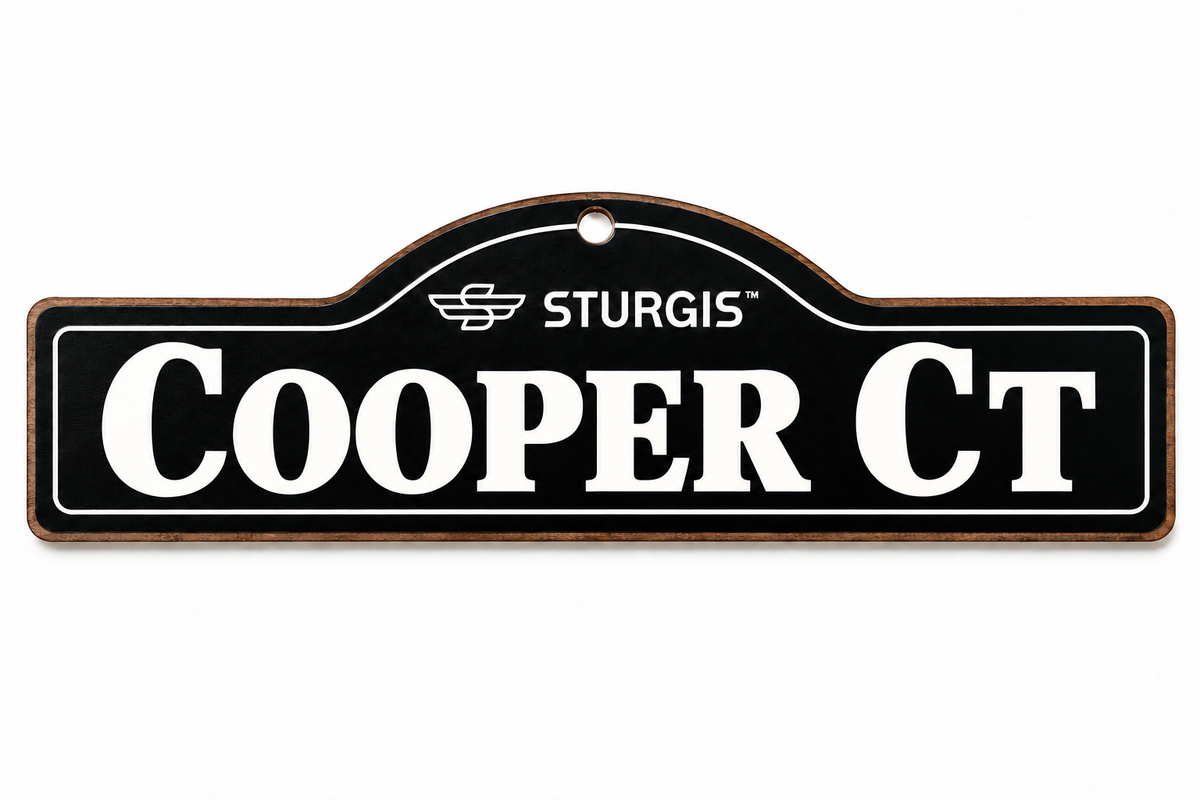 Illustrative mockup: Cooper Ct Sturgis wooden name sign in black and white