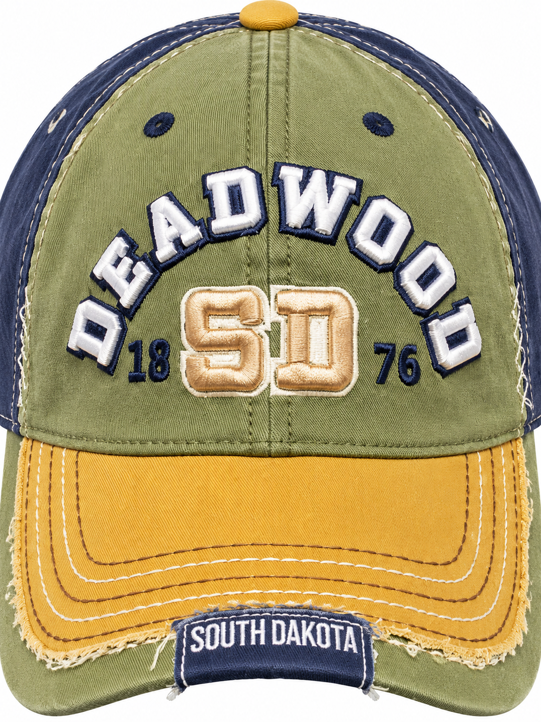 Close-up of raised Deadwood embroidery, SD monogram and distressed mustard bill stitching