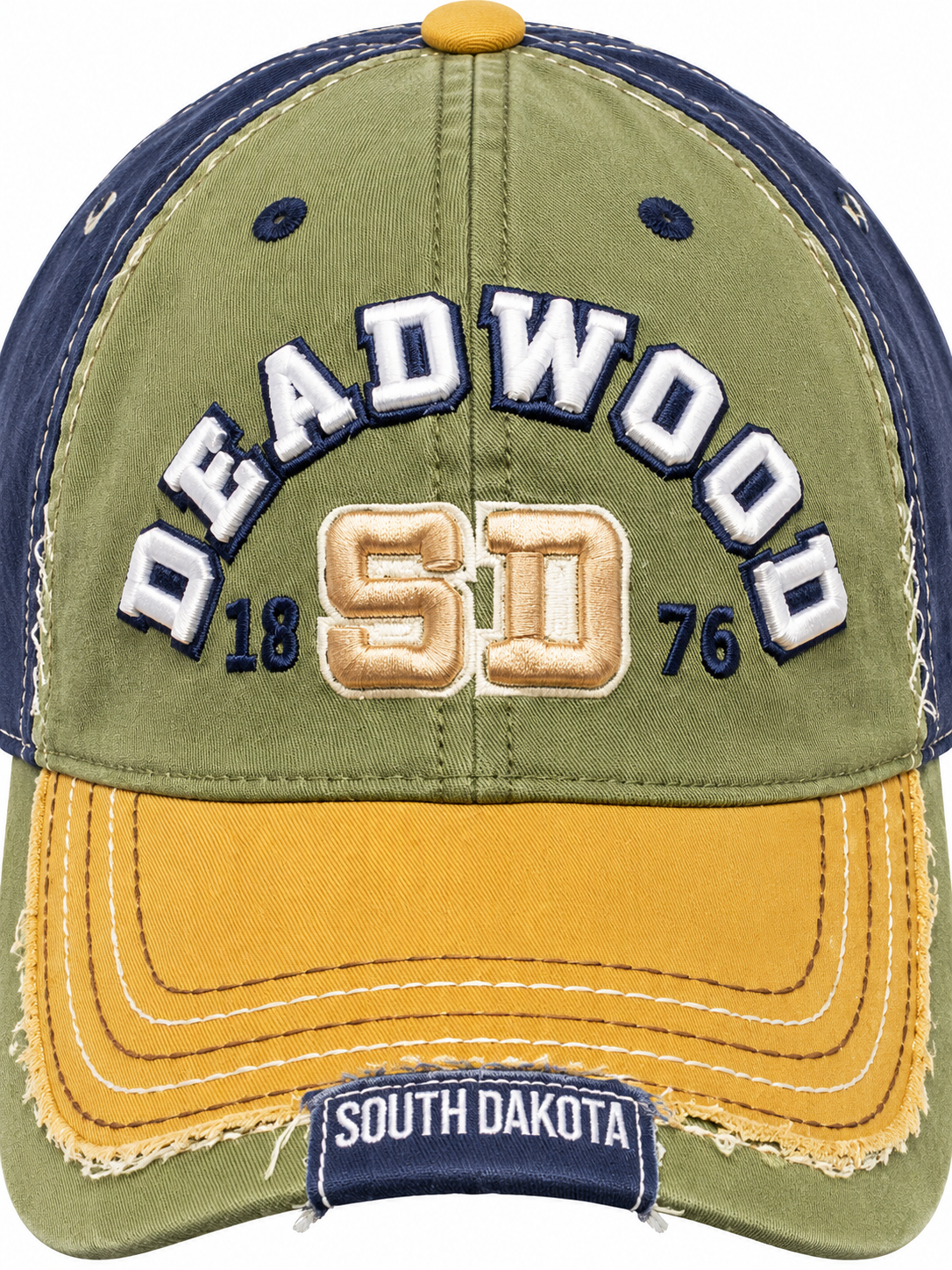 Close-up of raised Deadwood embroidery, SD monogram and distressed mustard bill stitching