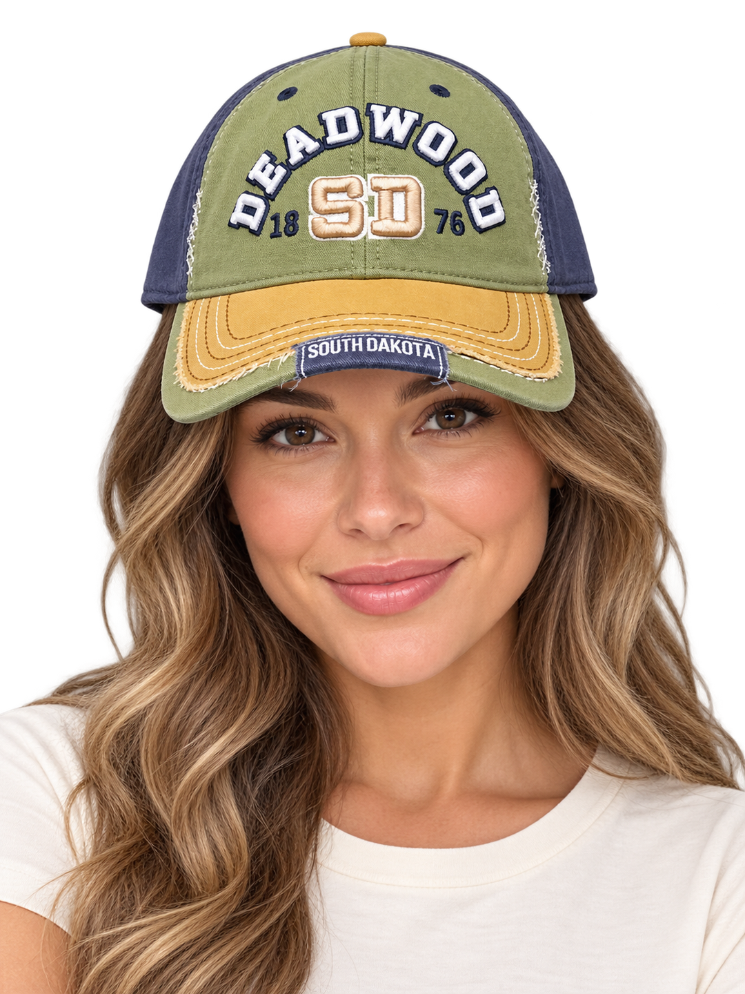 Woman wearing the olive, navy and mustard Deadwood raised embroidery hat