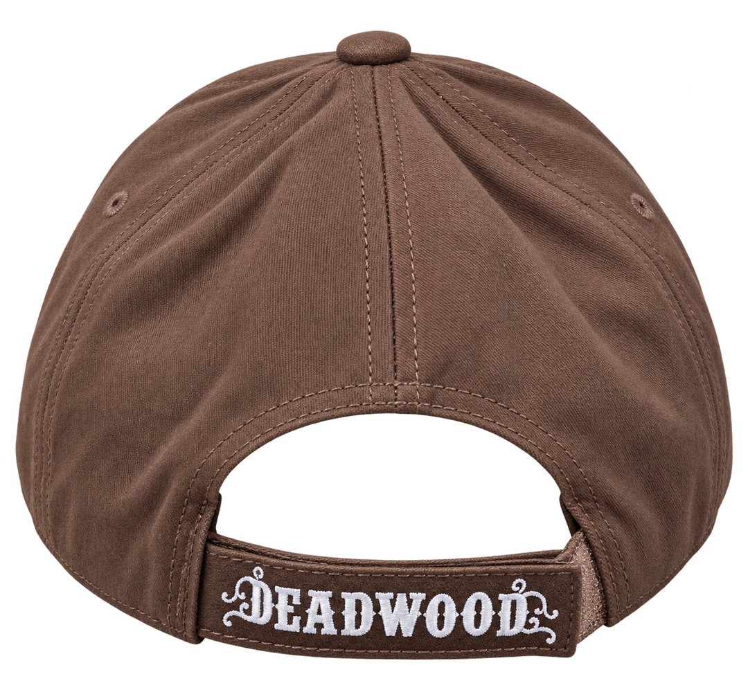 Brown Deadwood leather patch hat, adjustable rear strap with white Deadwood embroidery