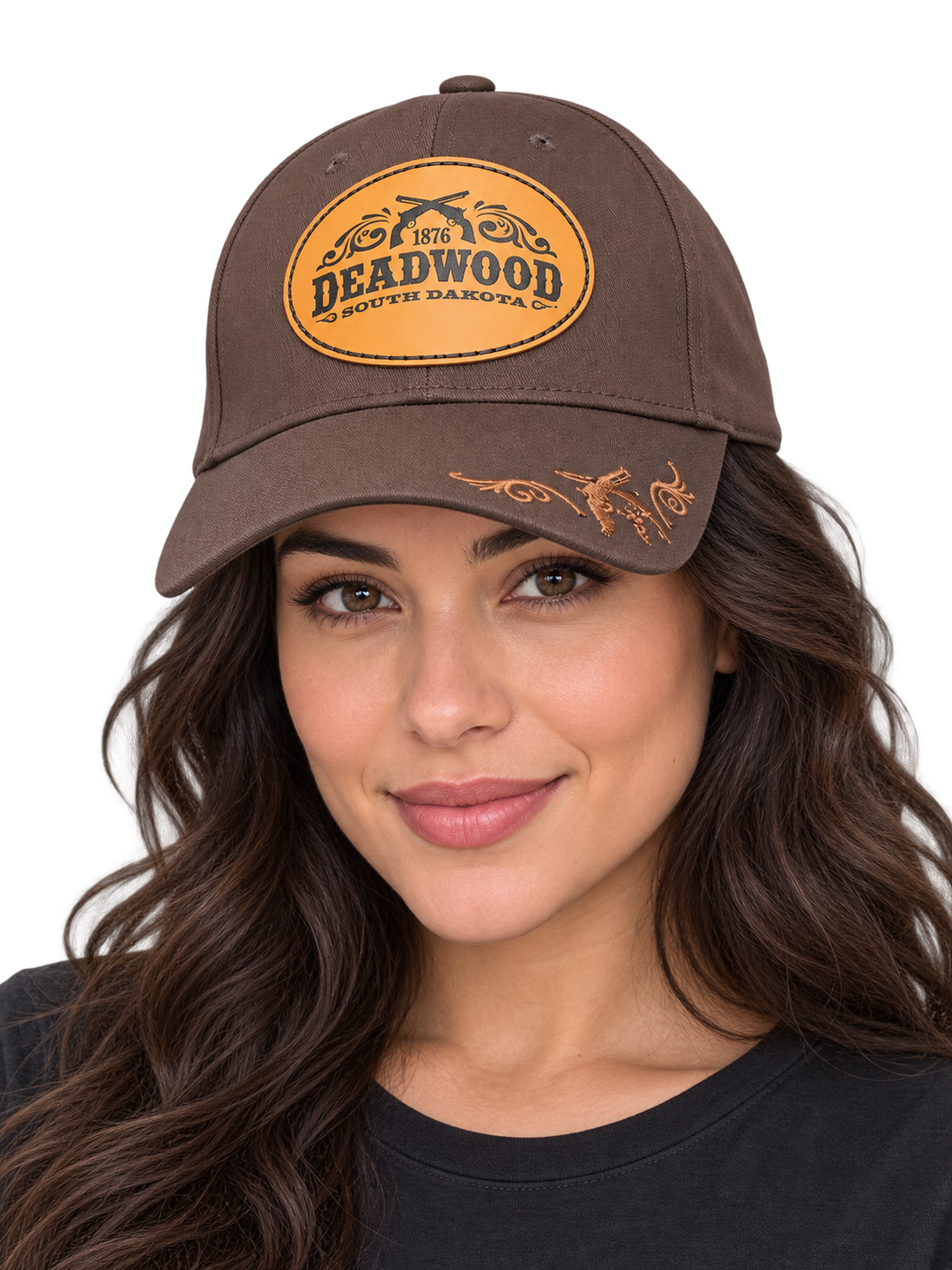 Brown Deadwood 1876 crossed revolvers leather patch hat, female model wearing hat (AI-generated)