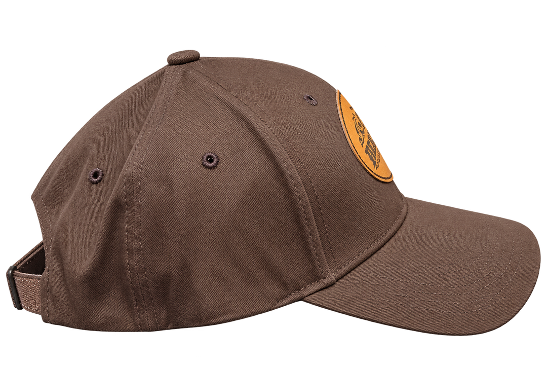 Brown Deadwood 1876 leather patch hat, opposite side profile