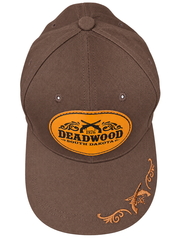 Brown Deadwood 1876 crossed revolvers leather patch hat, top view showing embroidered brim