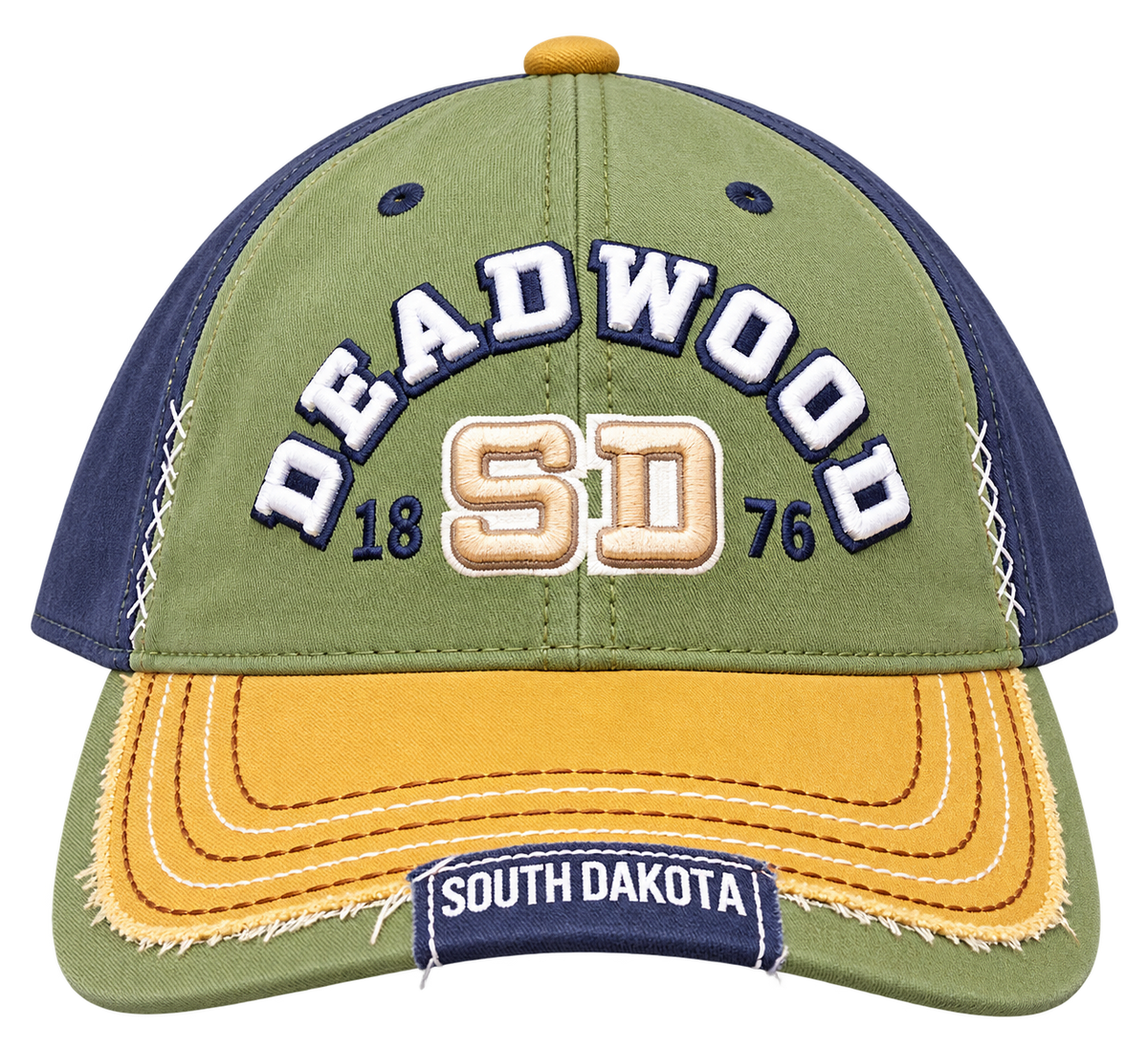 Deadwood 1876 hat with raised white lettering, olive and navy panels, mustard bill and decorative stitching