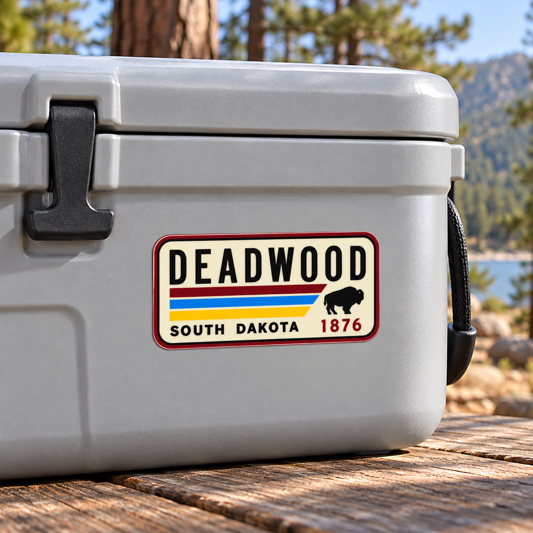 Deadwood 1876 Retro Stripe &amp; Bison Sticker on a cooler — lifestyle display mockup