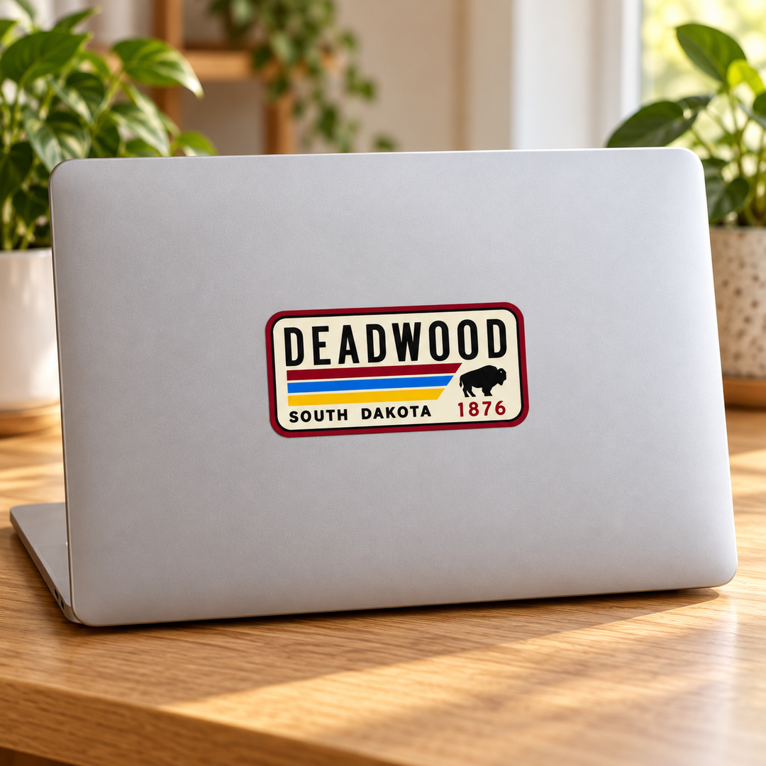Deadwood 1876 Retro Stripe &amp; Bison Sticker on a laptop — lifestyle display mockup