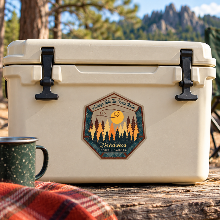 Deadwood Always Take the Scenic Route Forest Badge Sticker on a cooler — lifestyle display mockup; accessories not included