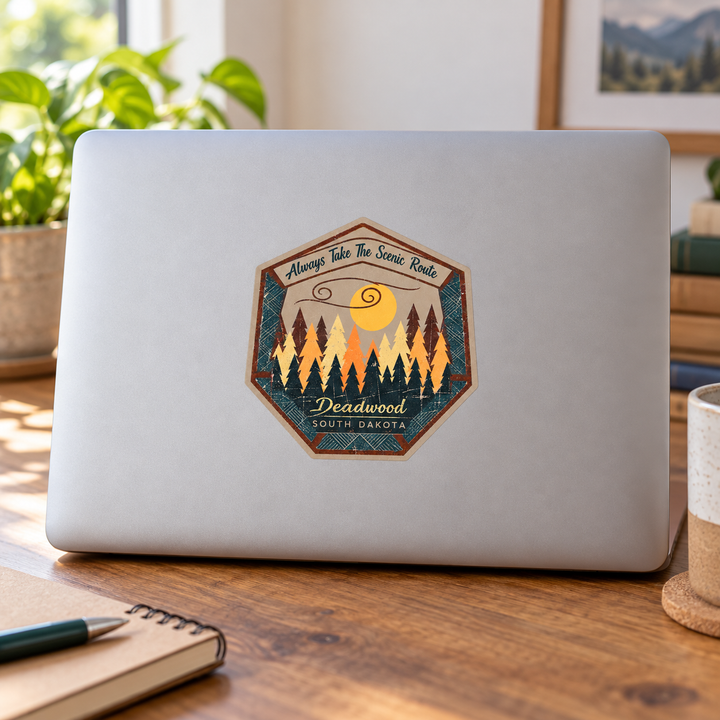 Deadwood Always Take the Scenic Route Forest Badge Sticker on a laptop — lifestyle display mockup; accessories not included