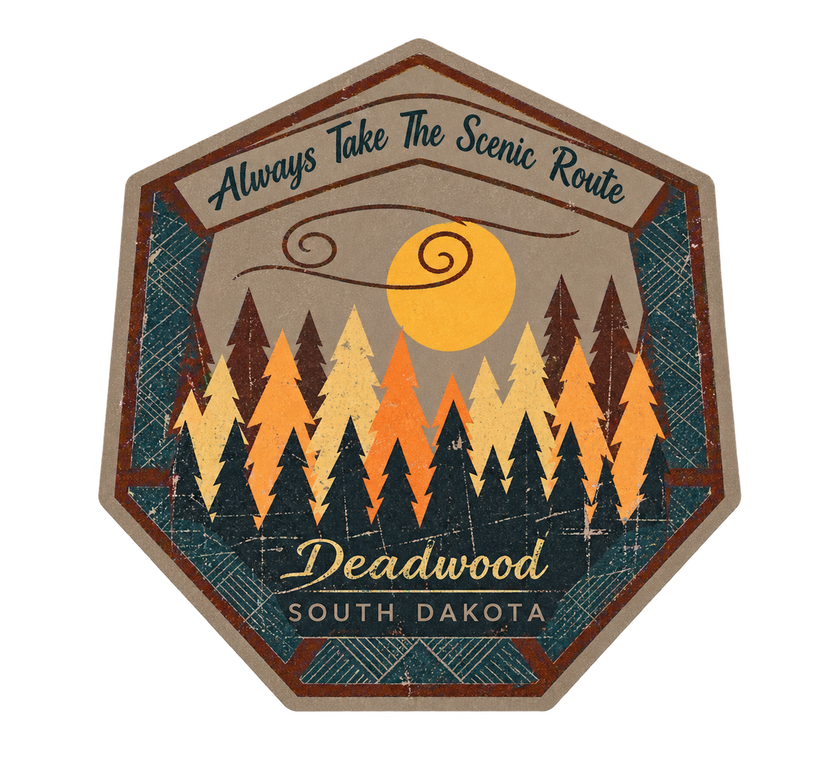 Deadwood Always Take the Scenic Route Forest Badge Sticker — isolated product view