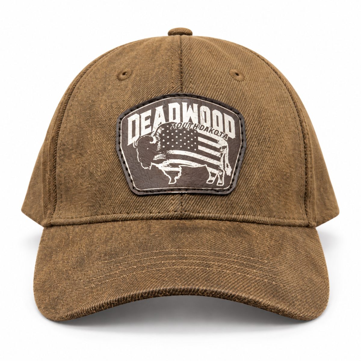 Deadwood American Flag Bison Leather Patch Hat – Washed Brown; front product view